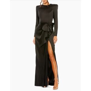 Ieena For Mac Duggal Satin Power Shoulder Gown Black Satin Size 4 NWT #26676